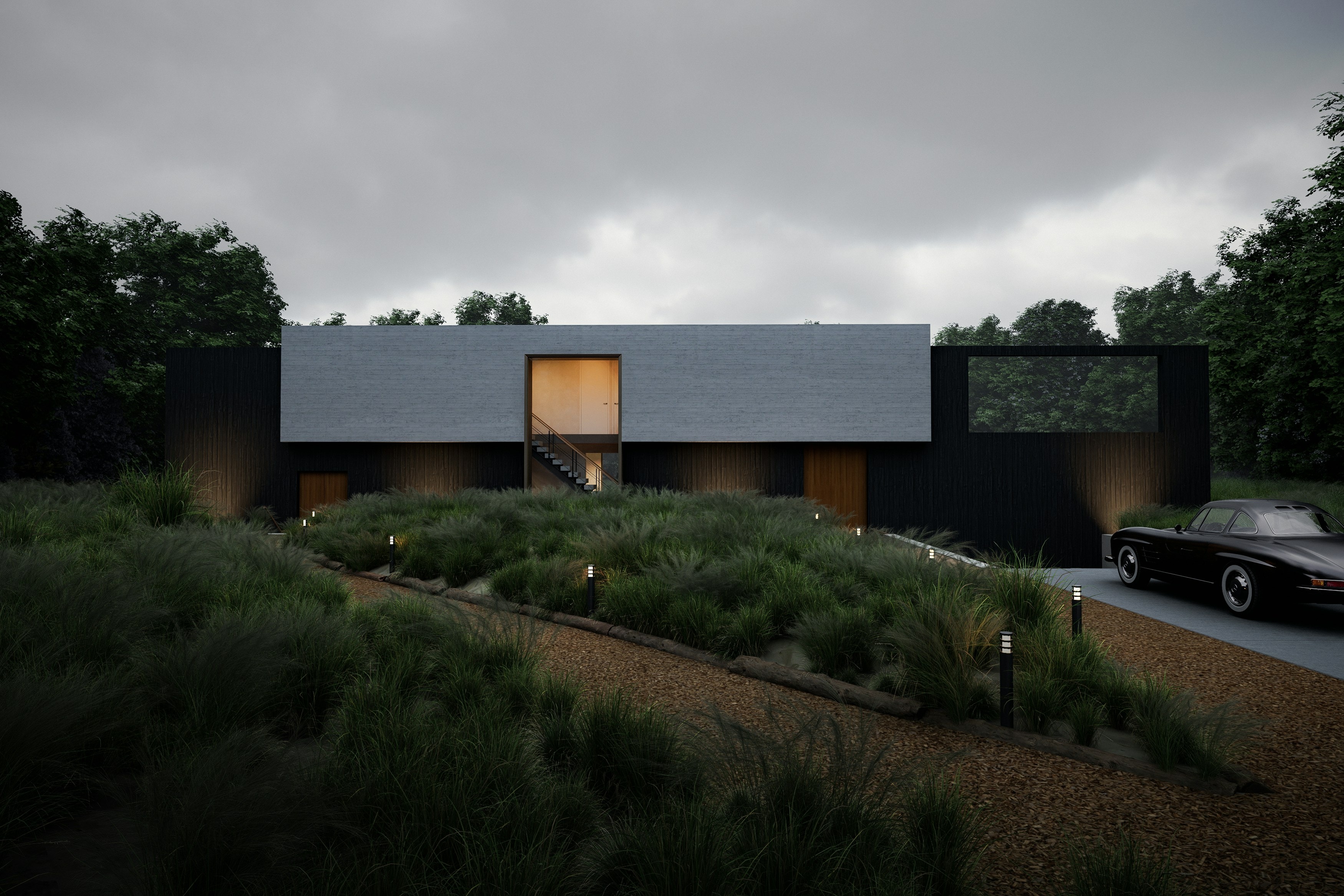 Dusk render of a low modern house with lit windows